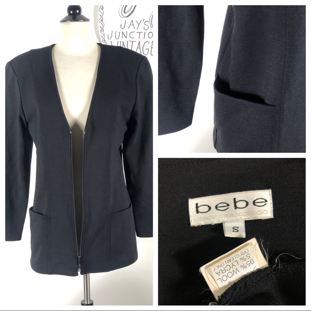 VTG 90's BeBe Black Wool Blazer Deep- v w/ Pockets